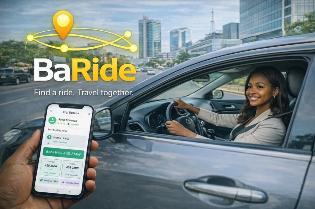 BaRide app on a phone beside a driver on a Lusaka street — Find a ride. Travel together.