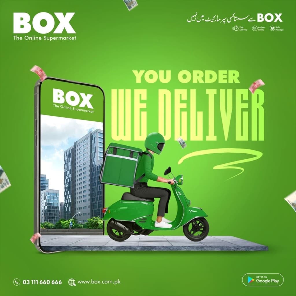 BOX The Online Supermarket — delivery rider emerging from the app, you order we deliver.
