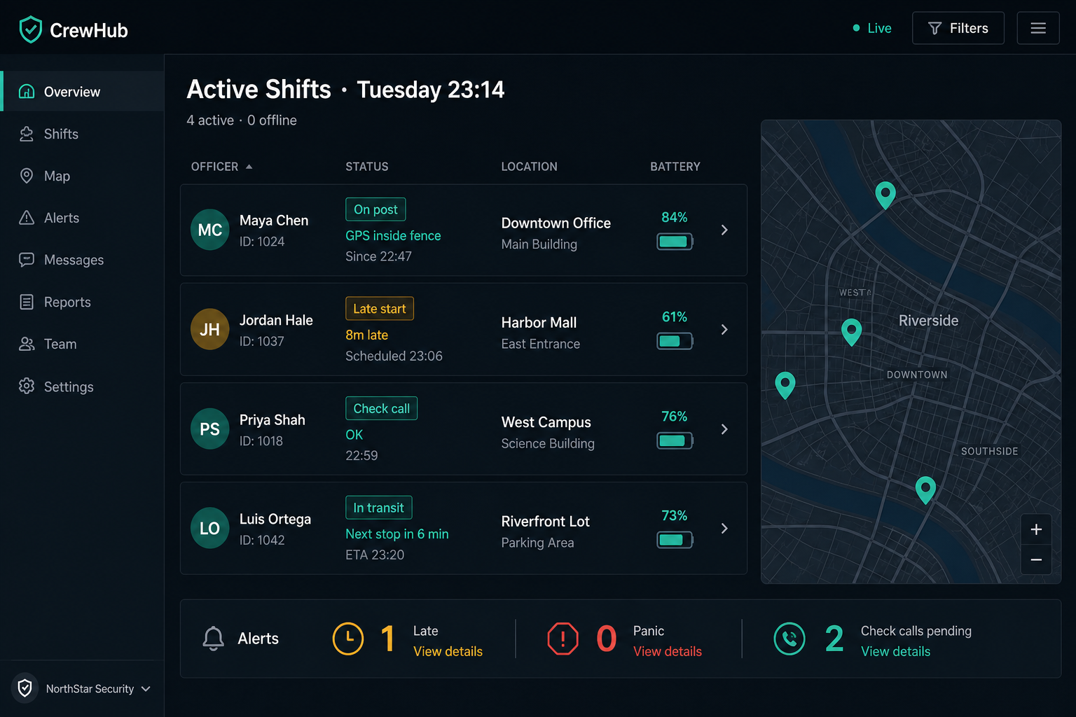 Active shifts live board with GPS and alerts