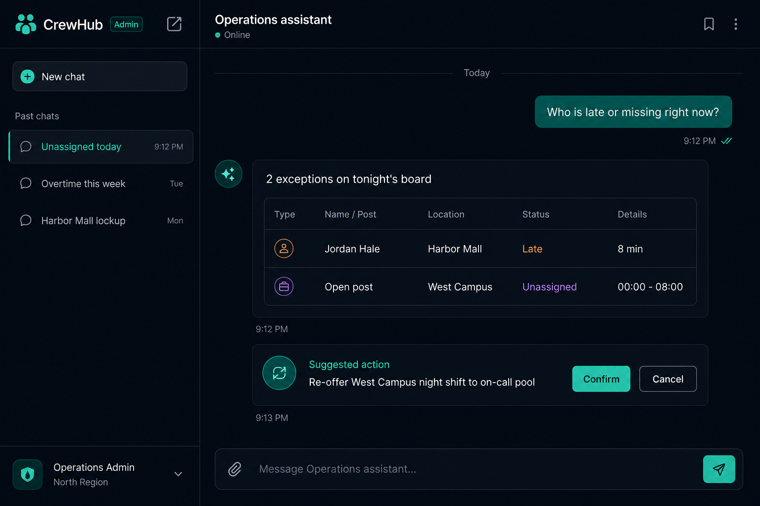 AI assistant with late staff results and confirm action