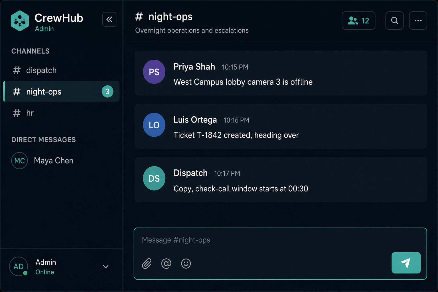 Office chat night-ops channel