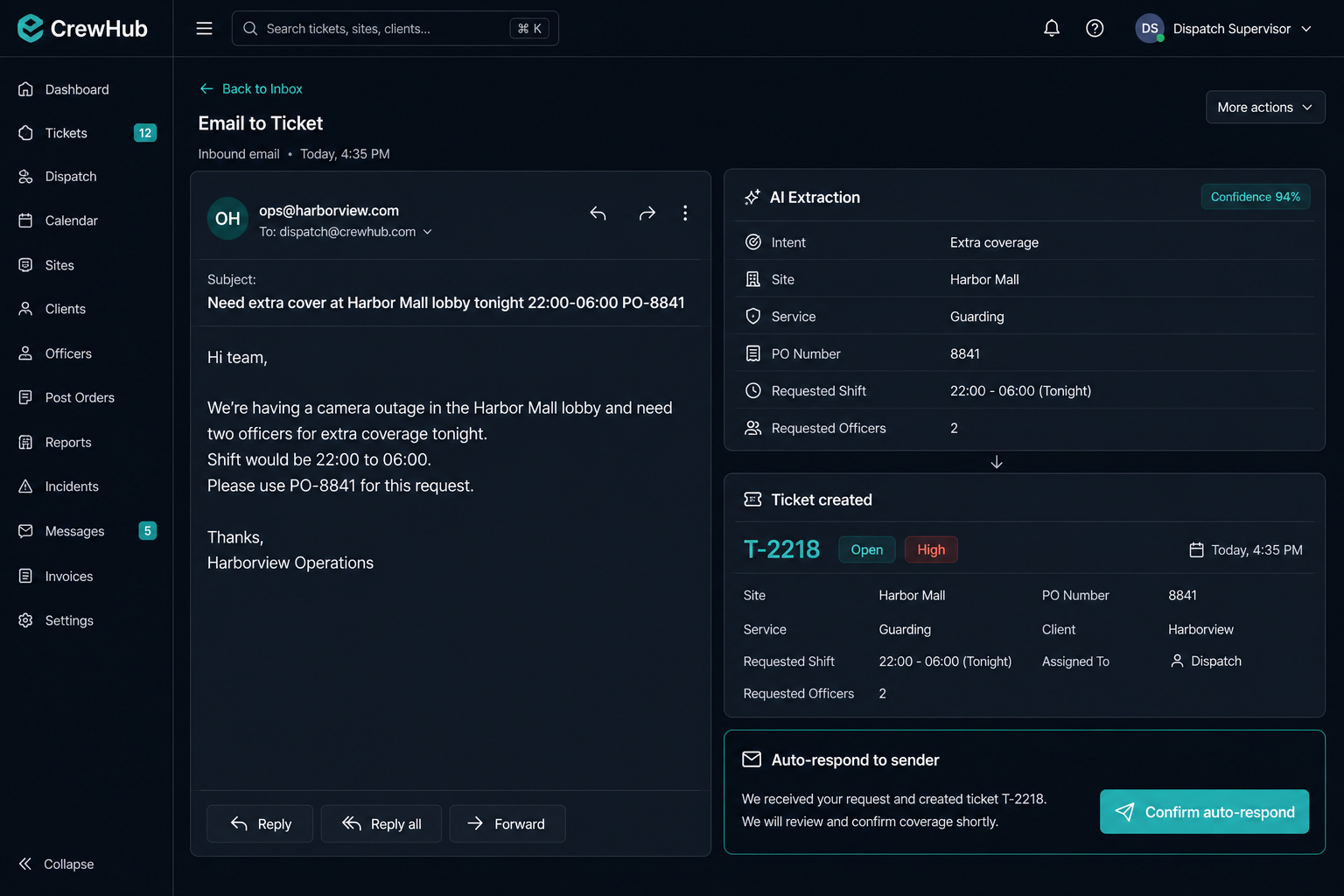 Inbound email classified and ticket T-2218 created