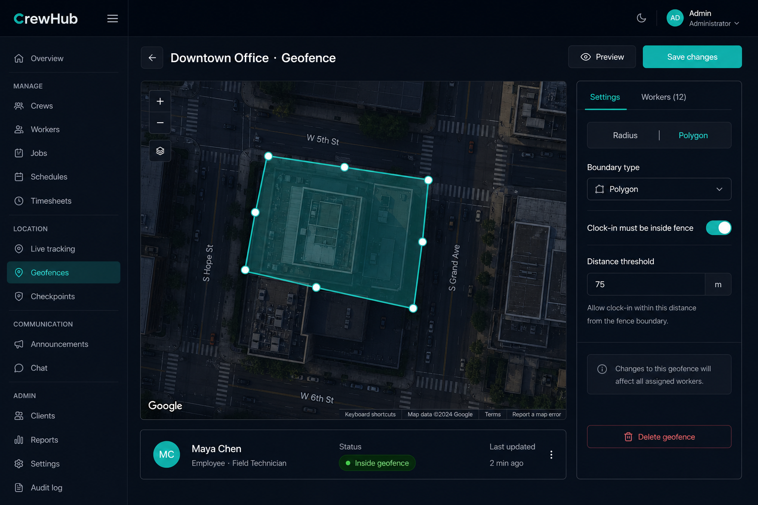 Downtown Office polygon geofence on the site map