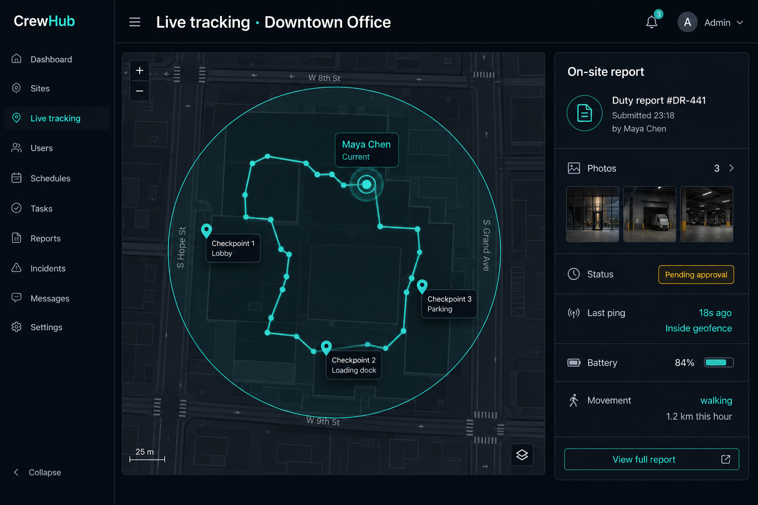 Live GPS trail and on-site duty report