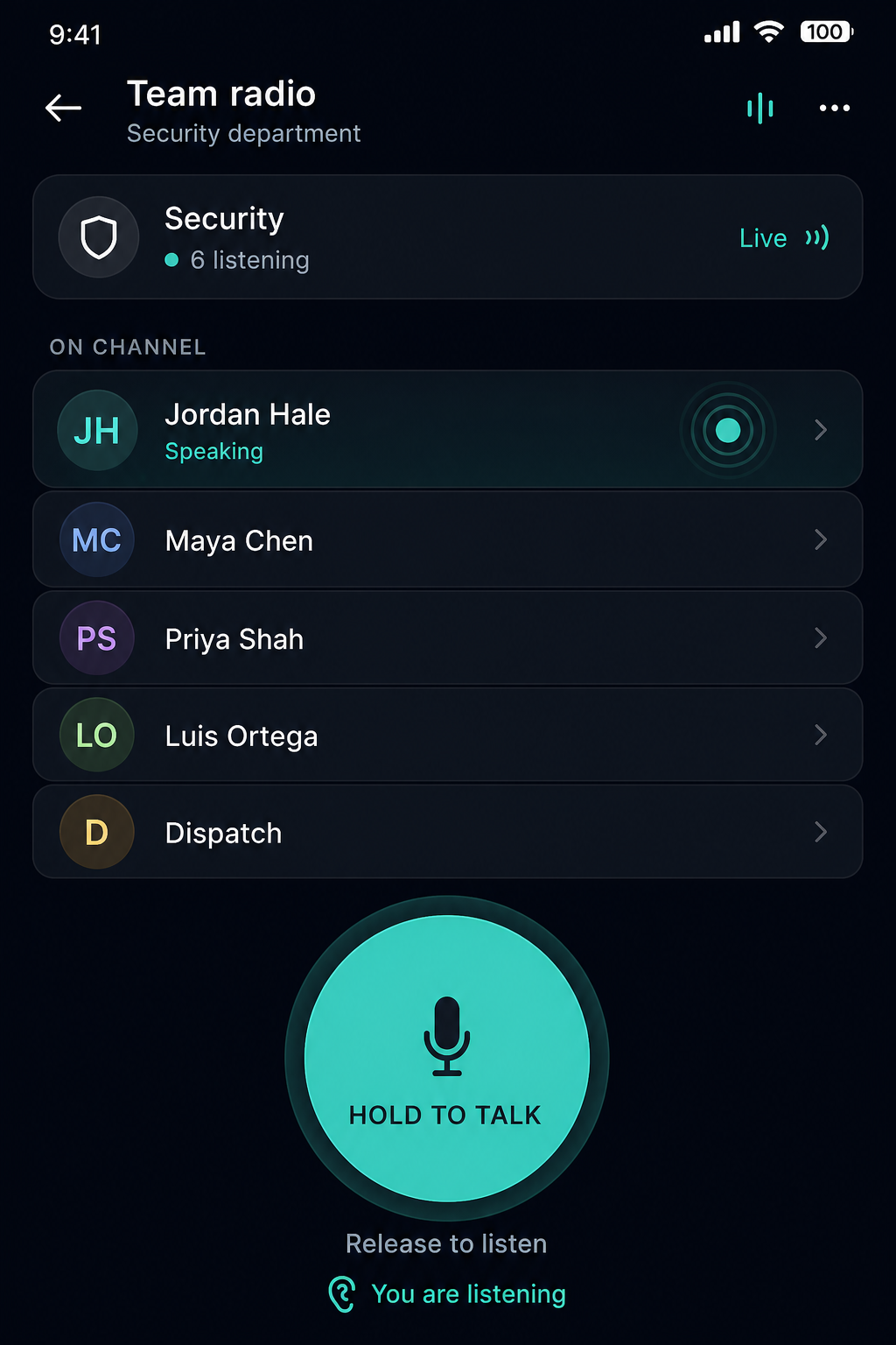 Team radio push-to-talk screen