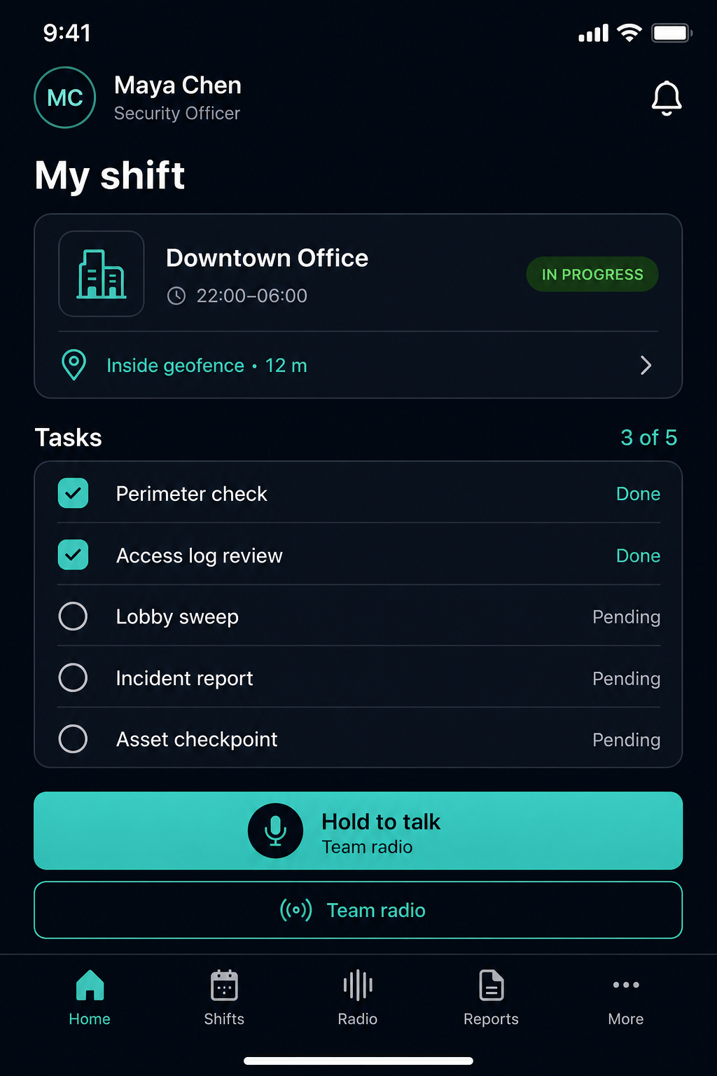 Staff app active shift with tasks