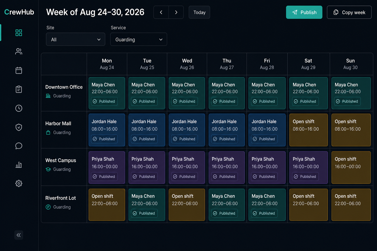 Weekly scheduler grid with published and open shifts