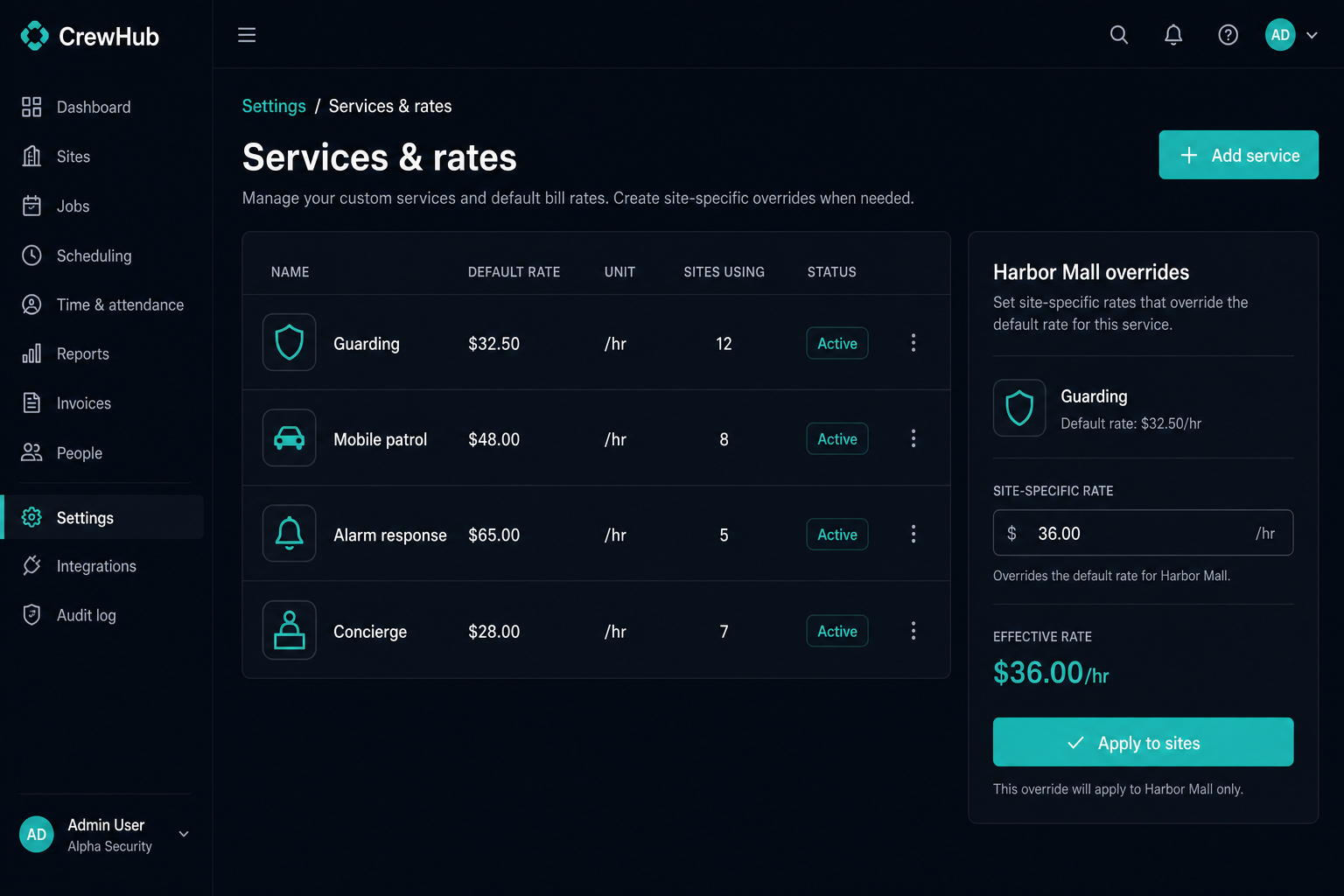 Service catalog with default and site-specific rates