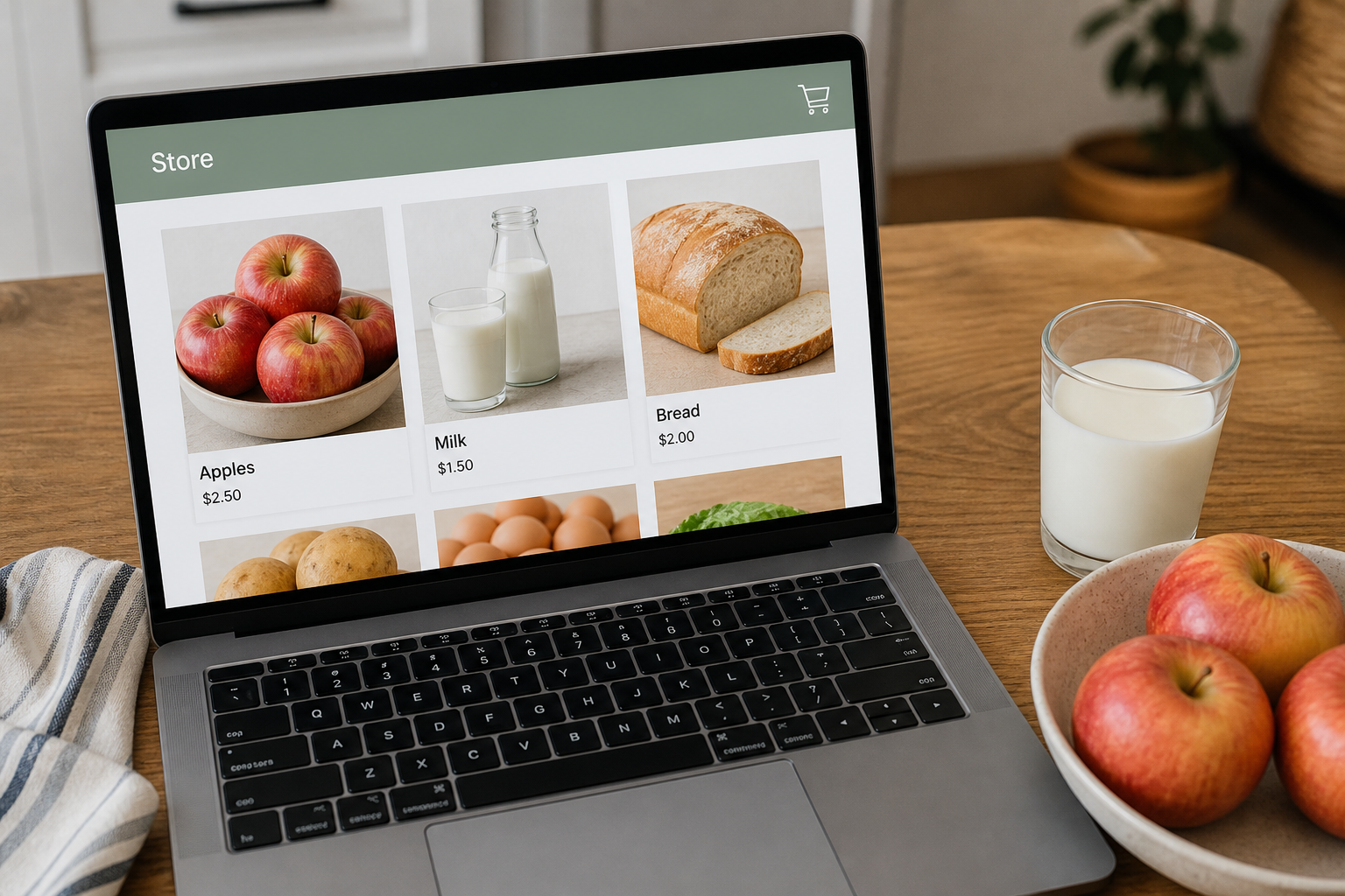 Customer shopping on web and in the kitchen